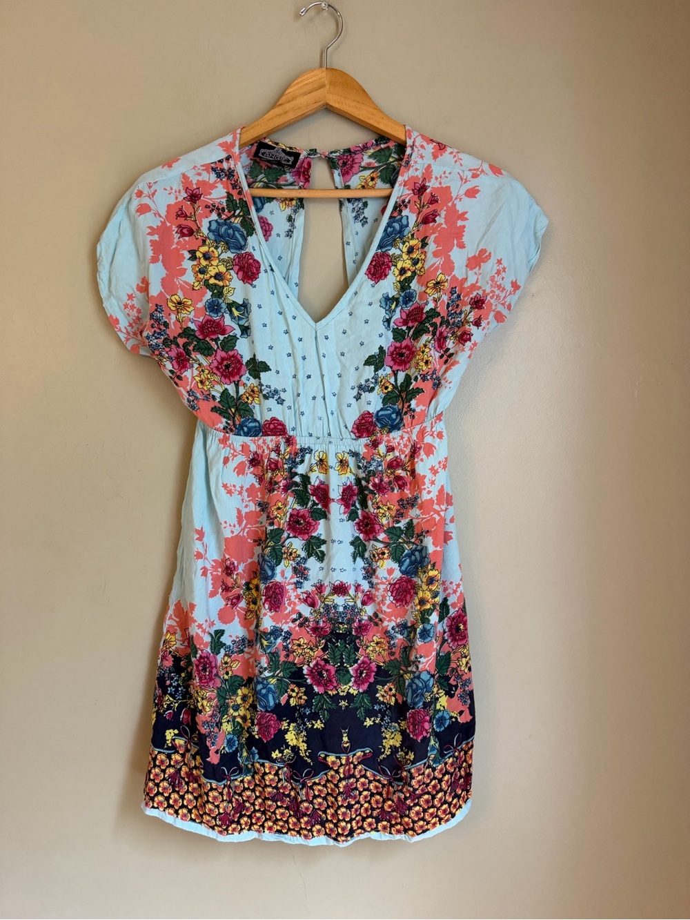 Angie Floral Mini Dress Size S Cap Sleeve Back Cut Out Blue Bohemian Resort